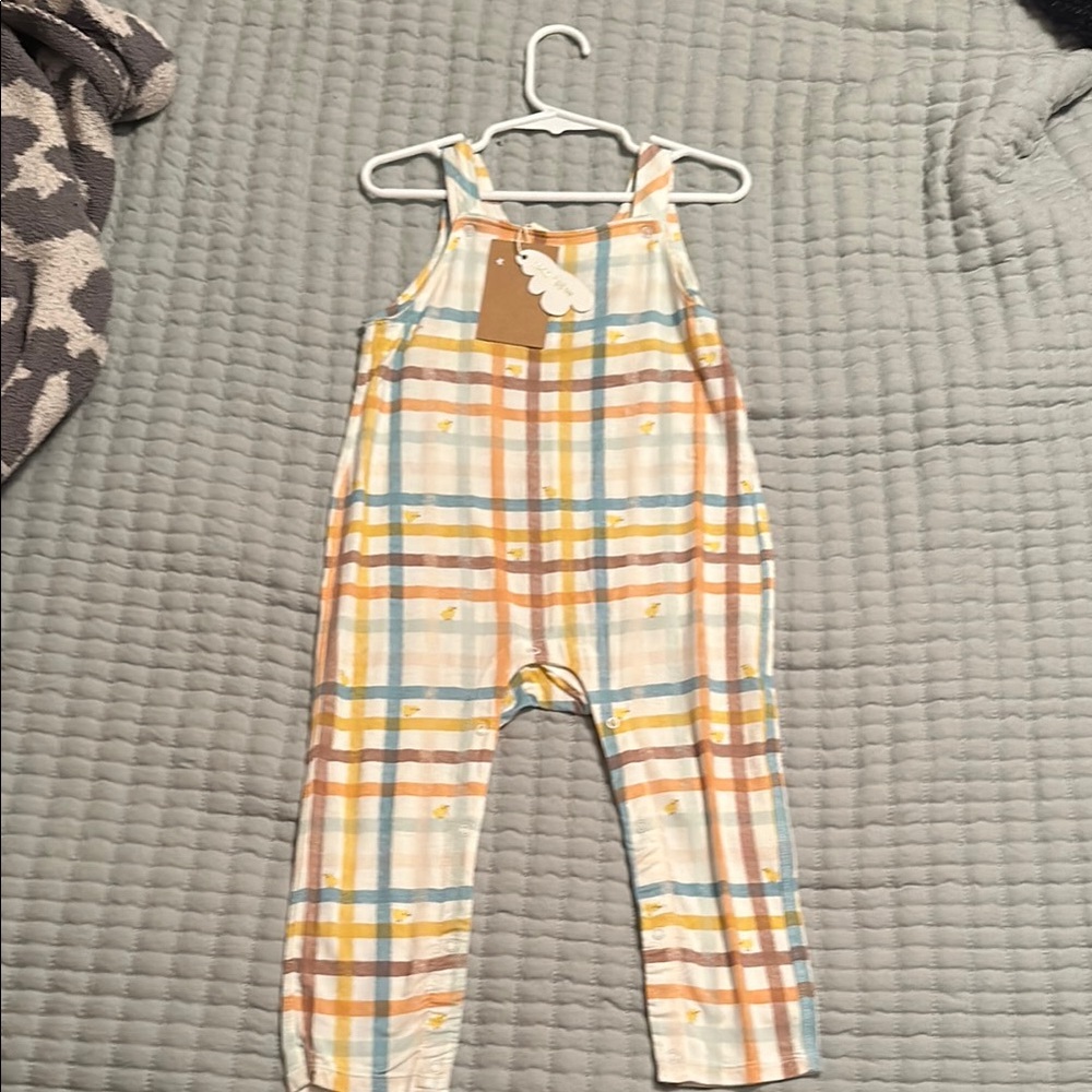 Angel Dear Overalls Lightweight Bamboo - plaid Easter print NWT